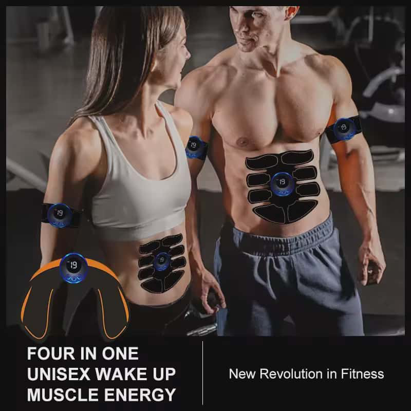 “Man and woman using Glimery 4-in-1 Smart EMS Muscle Stimulator on abs and arms during workout, showcasing unisex fitness device for muscle toning and body sculpting.”