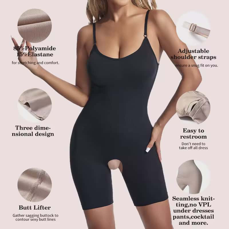 “Woman wearing Glimery seamless full body shaper in black, showing adjustable straps, tummy control, and butt-lifting design.”
“Model in brown Glimery body shaper demonstrating waist-slimming and sculpting fit.”